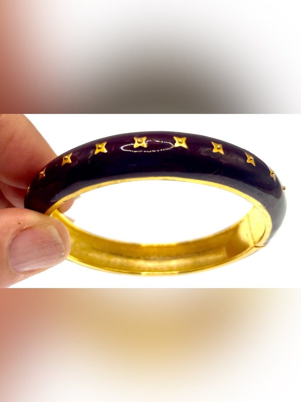 Vintage 1980s Burgundy Enamel Hinged Bangle Bracelet Gold Tone Studded Dome Cuff